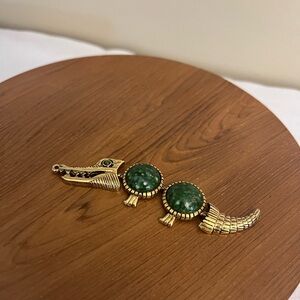 Gold Tone Alligator Necklace Pendant with Green Stones
